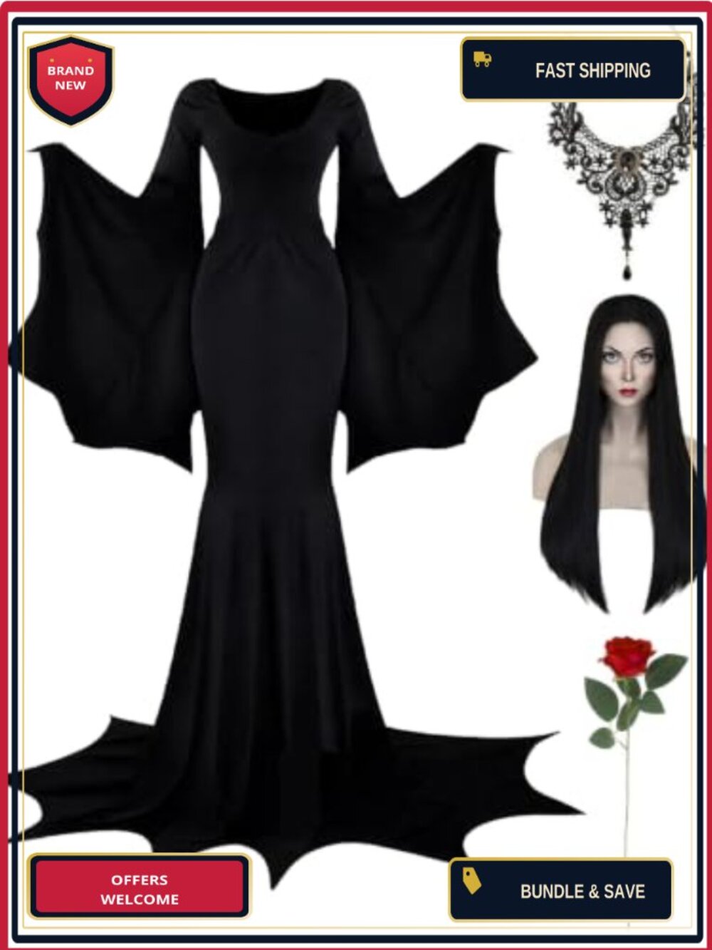 Morticia Addams Costume Set Gothic Dress Wig Necklace Rose Halloween